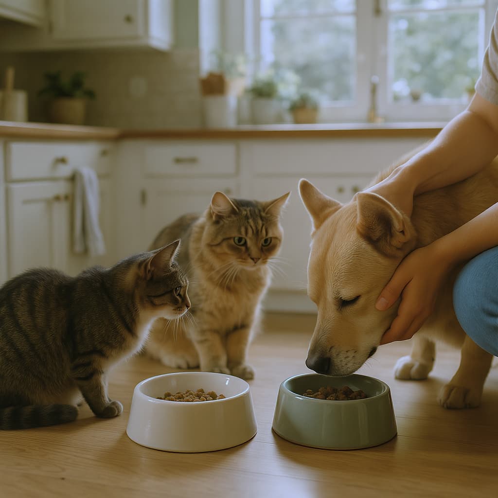 Two cats and a dog gathered near their food bowls in a home kitchen